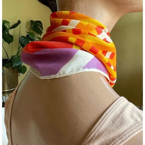 Vintage 70s long skinny scarf, purple, orange, yellow and red, groovy geometric - Picture 4 of 9